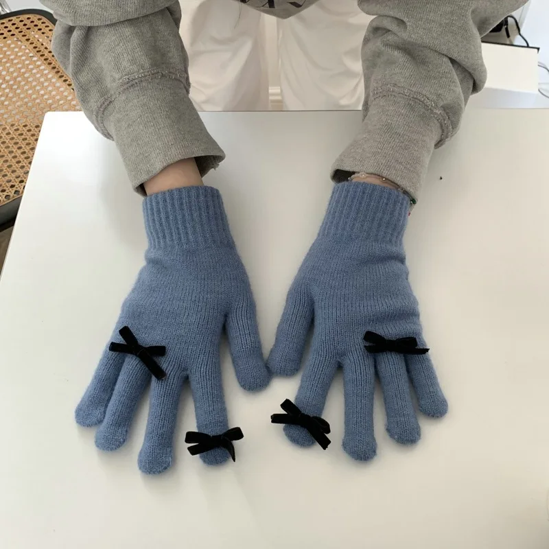 Bow Decorate Touch Screen Knitted Gloves Winter Women Gloves Warm Gloves Solid Fluffy Work Gloves Harajuku Mittens For Women