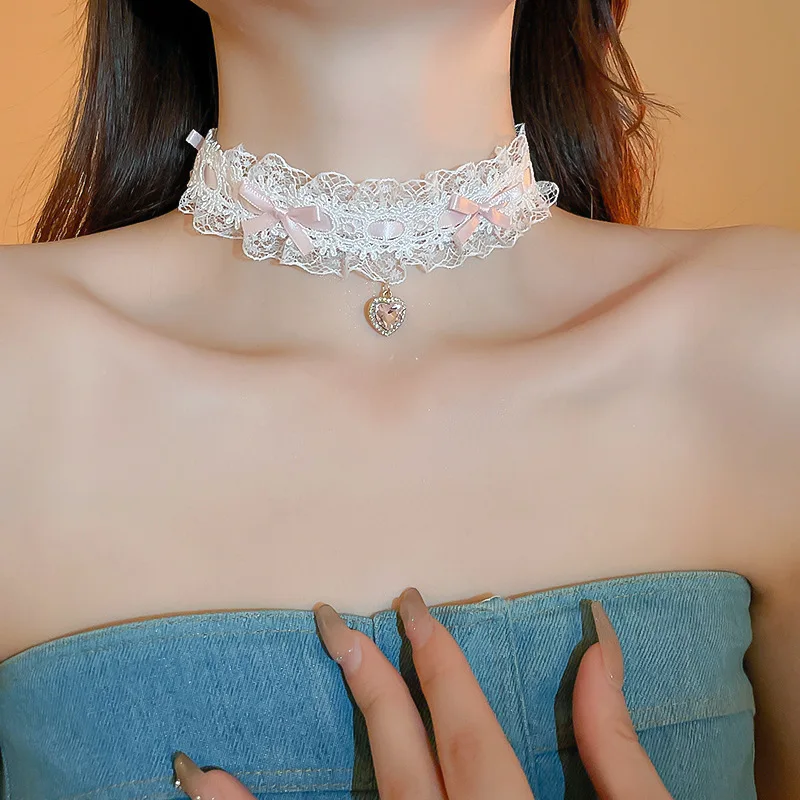 Gentle Sweet Fabric Bow Lace Necklace for Women Unique Heart-shaped Rhinestone Pendant Necklaces Cute Elegant Jewelry Party I