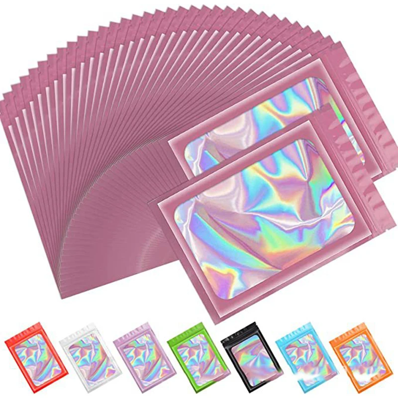 50Pcs Holographic Laser Transparent Zipper Pouch Bag Packaging Supplies Resealable Cosmetic Storage Bags Food Storage