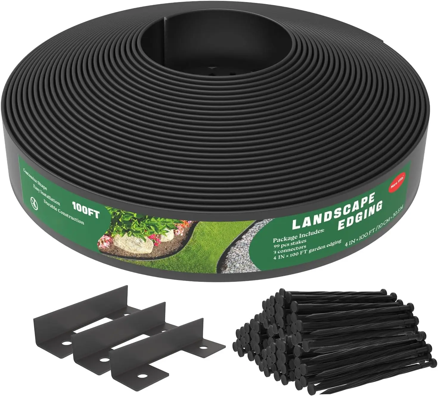 Landscape Edging, 4 Inch Tall 100FT Garden Border Edging Kit with 99 Anchoring Spikes, Decorative Flexible Lawn Edgin