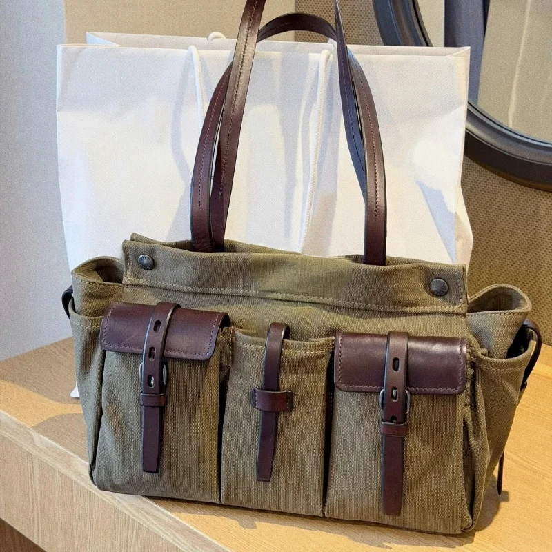 Retro Multi Pocket Canvas Shoulder Bag Fashion Olive Green Multifunctional Large Capacity Handbag Leather Decorative Tote Bag