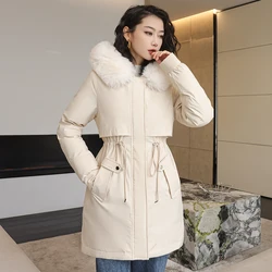 Inverno feminino com capuz parka jaqueta 2024 nova moda casaco longo lã com capuz parkas fino com gola de pele feminina quente solto casaco