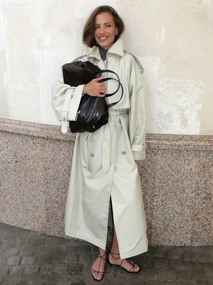 Bornladies جديد الخريف الشتاء المرأة الرجعية طويلة خندق معطف مكتب سيدة فضفاضة مربوط الخصر موضة ملابس خارجية جاكيتات