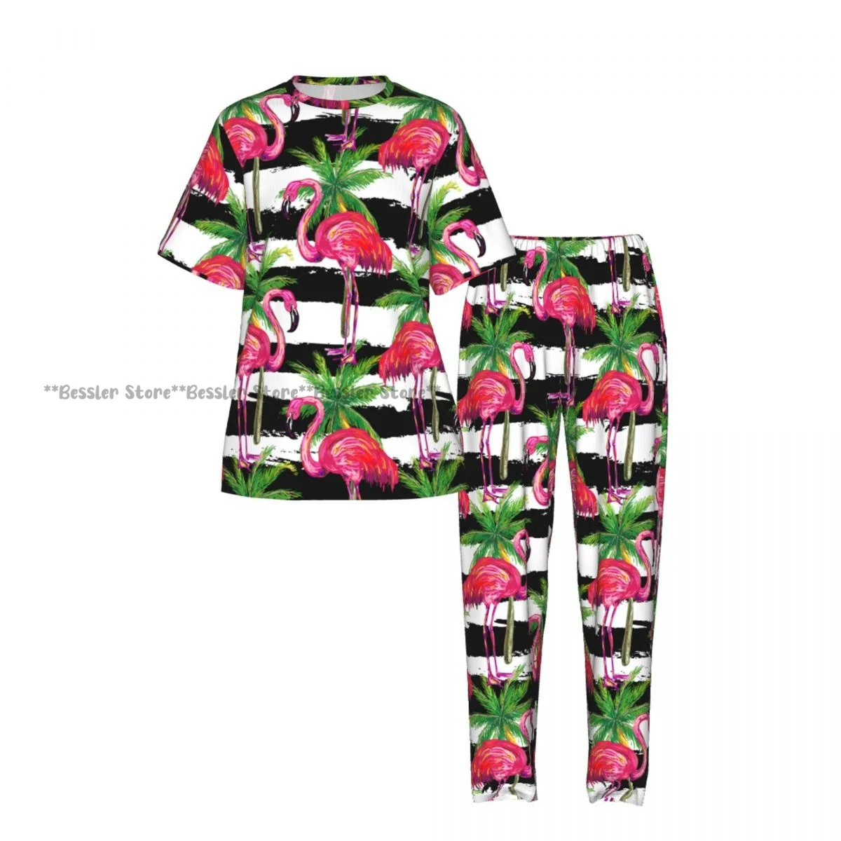Women's 2-piece set Exotic Pink Flamingo Birds And Palm Trees Pajamas Short sleeved Top and Pants Sleepwear