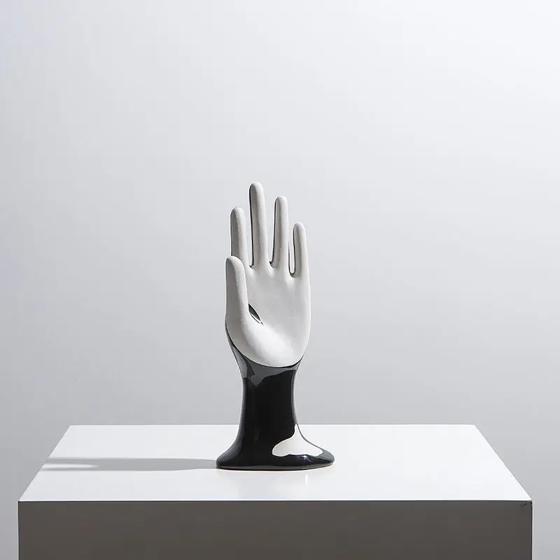 

Creative black and white color blocked palm sculptures, artistic hand sculpture ornaments, modern home decoration ceramic crafts