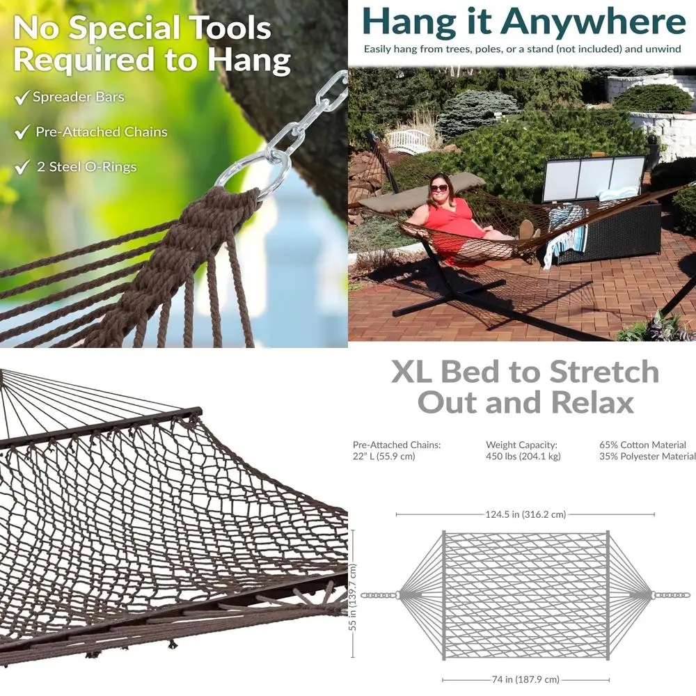 

Хлопковый уличный гамак с грузоподъемностью 204 кг и распорками для использования в помещении или на улице — коричневый