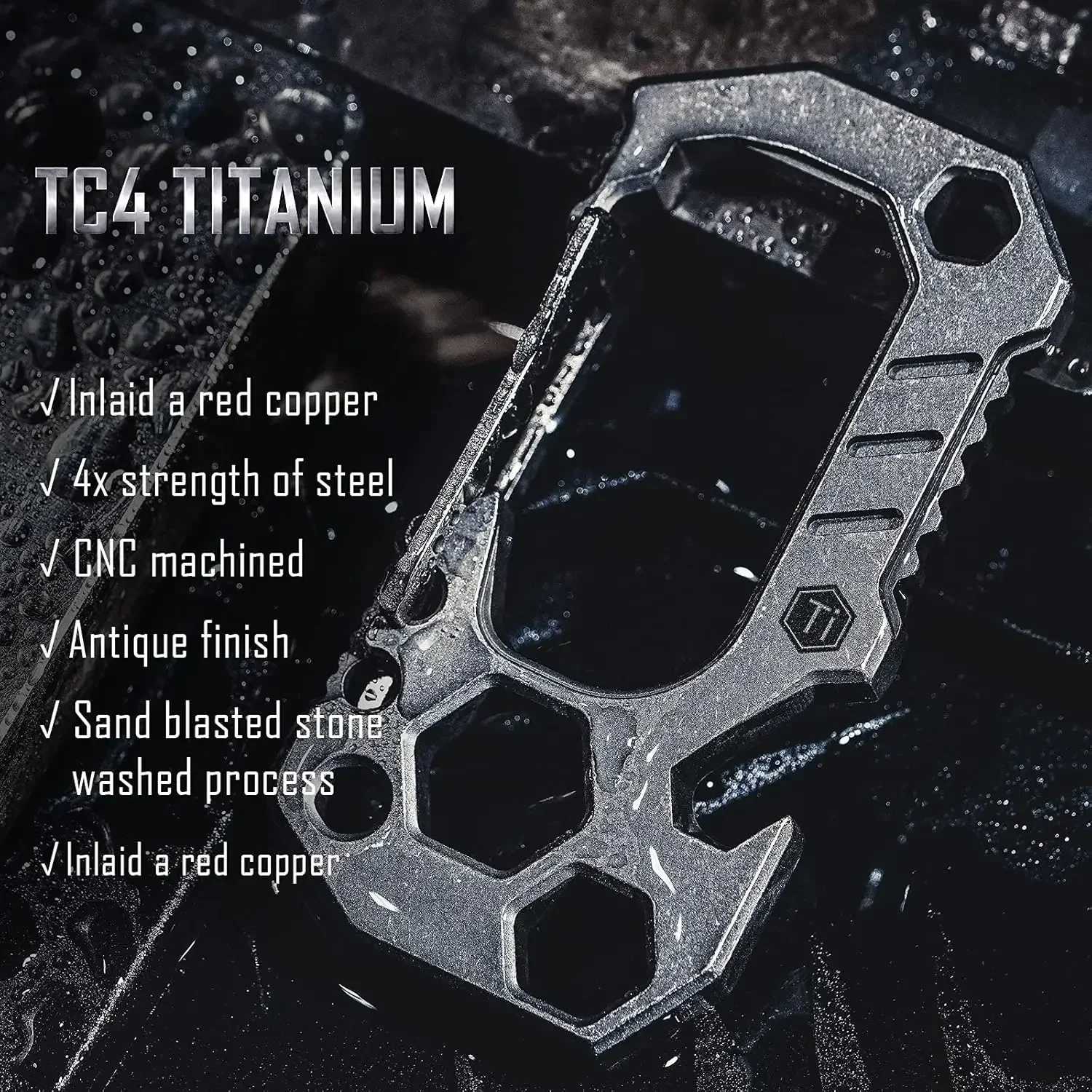 KeyUnity KU01 Titanium Keychain Carabiner Multitool, Carabiner Key Holder, Screw Wrenches, Screw Bit Holder, Bottle Opener