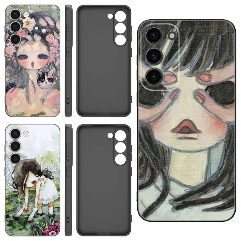 Aya Takano Art Black Silicone Phone Case For Samsung Galaxy S20 S21 S23 S24 FE S22 Ultra S8 S9 S10 Plus