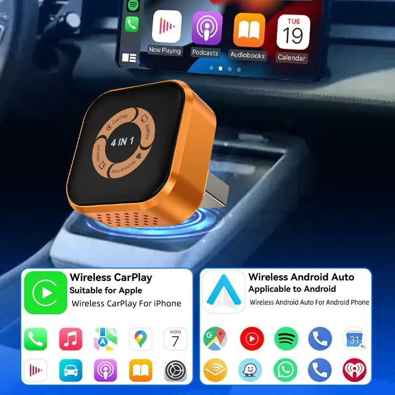 2026 Mini 4 in1 Wired to Wireless CarPlay Dongle Android Auto Airplay Wireless Adapter WiFi Dongle USB Plug and Play Mirror link