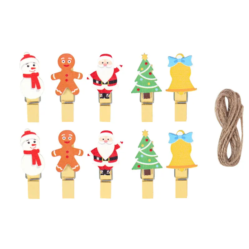 10pcs Mixed Styles Christmas Wood Clips Santa Bear Xmas Tree Photo Clips Clothespins DIY Photo Pegs for New Year Gift Bag Clip