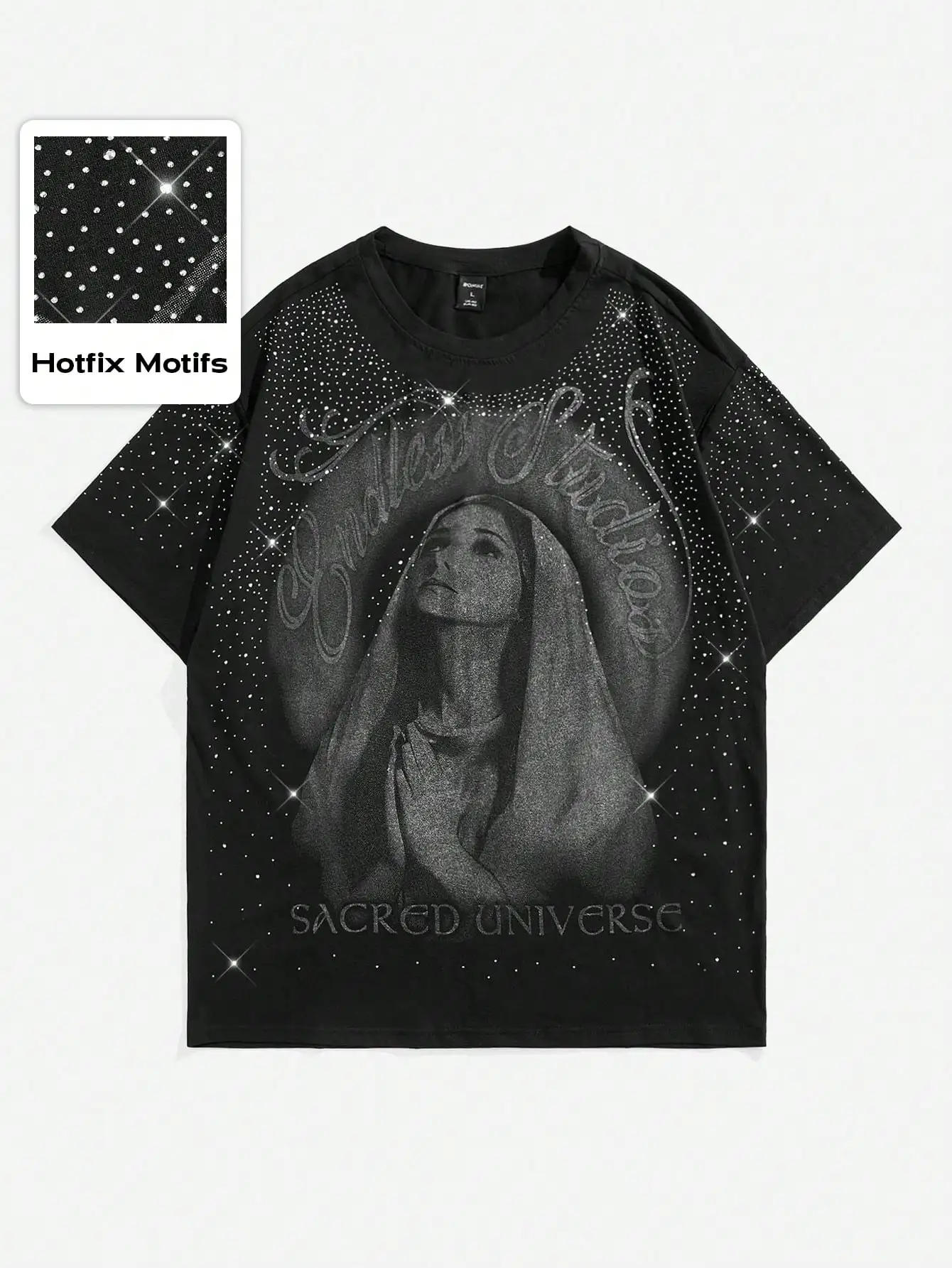 

Black Oversized Graphic Tee with Rhinestone Embellished Sacred Motif Design