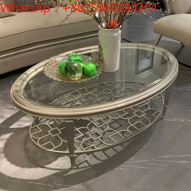 

American solid wood coffee table living room light luxury oval hollowed-out glass surface toughened coffee table