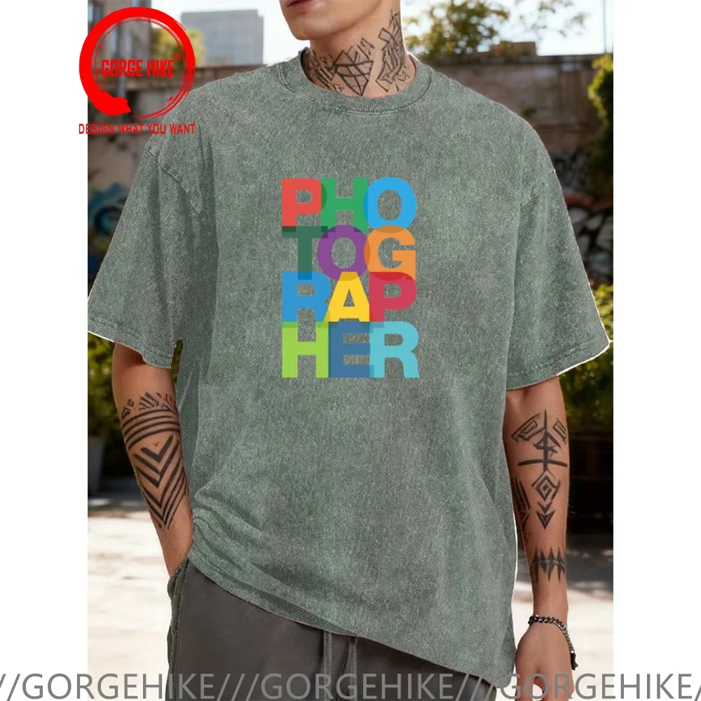 Vintage Washed Cotton T-Shirt Funny Designer colorful photographer T Shirt Men Fashion Trendy Casual Clothing Stylish Tops Tees