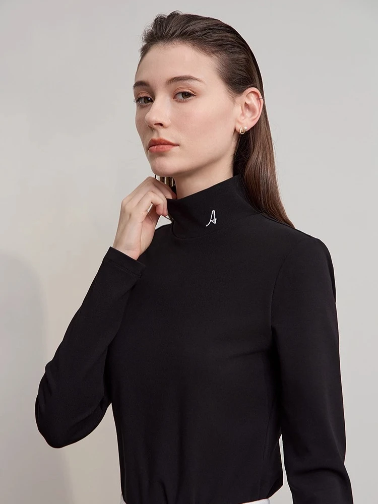 

AMII Women's T-shirt 2025 Winter New Semi-turtleneck Letter Embroidery T Shirts Woman Cotton Long Sleeve Ladies Tops 12524051
