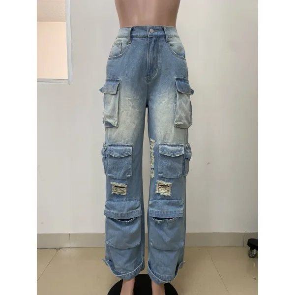 Women Denim Trousers Streetwear Fashionable Solid Versatile Multi-pocket Casual Pants Ladies High Waist 2025 Summer and Fall New