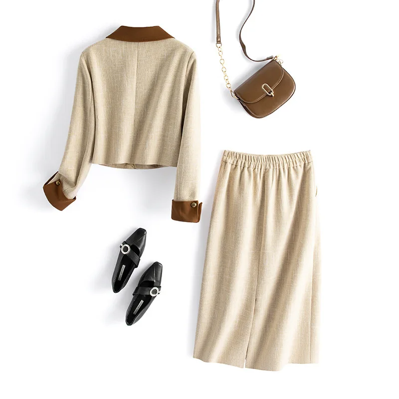 レディースカラーブロックツーピースラペルジャケット＋スカート 2025年春夏新作 小香風セット