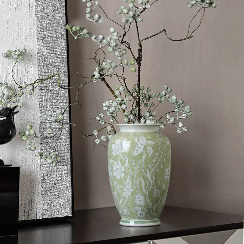 Spring Tender Green Ceramic Vase, New Blue and White Porcelain Vase, Porcelain Foyer Floor Decoration, Living Room Decoration