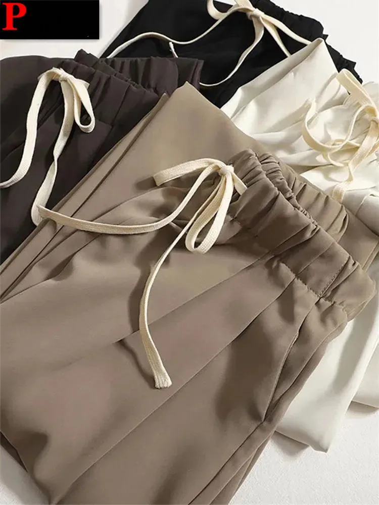 Oversized 125kg Ladies Lace Up Wide Leg Pants Baggy Solid High Waist Women Pantalones Casual Spring Fall Daily Wear Calca New