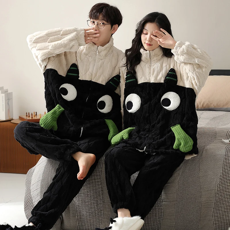 Cartoon Cute Winter Warm Flannel Nightwear for Couple Zipper Cardigan Home Clothes Women and Men Matching Pijamas Big Size M-3XL