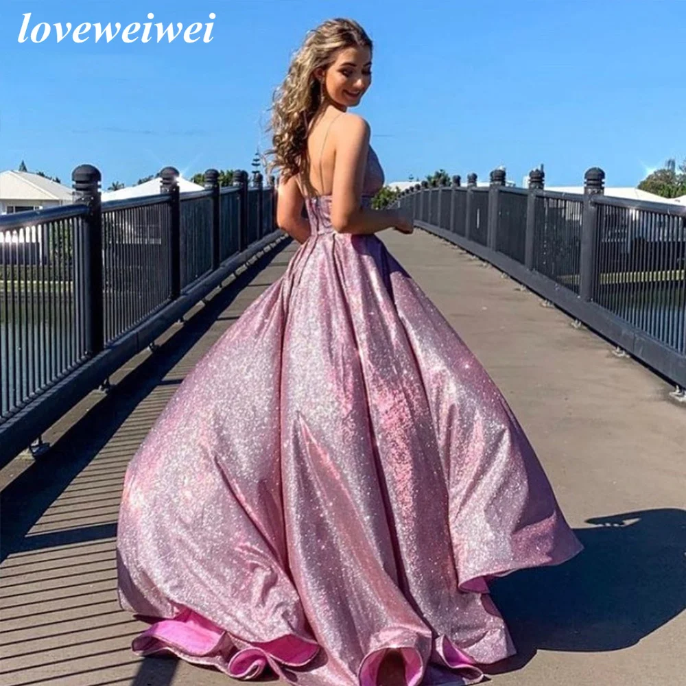 Shinny Glitter Prom Dress Sprankelende A-Line Avondjurk Spaghettibandjes Galajurk Backless Feestjurken Vestido De Festa Longo