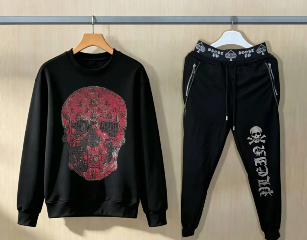 Luxury Men Oversize hotfix rhinestone Hoodie Hip Hop Fashion Suit Complete Outfit Set