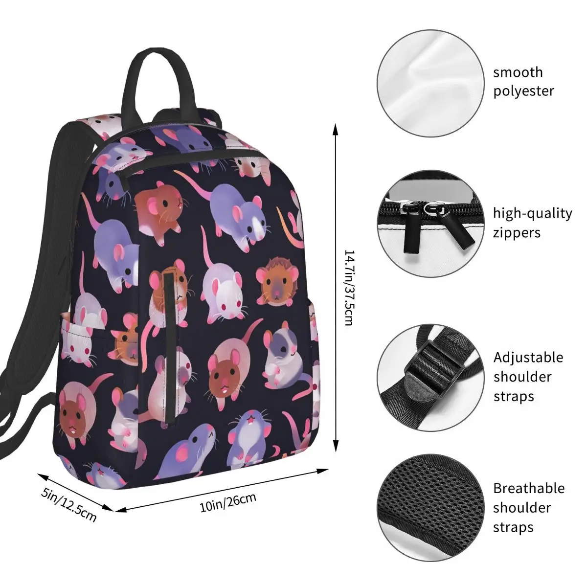 Fancy Rat - Dark Backpack Student BookBag Children School Bag Computer Shoulder Bags Men Women