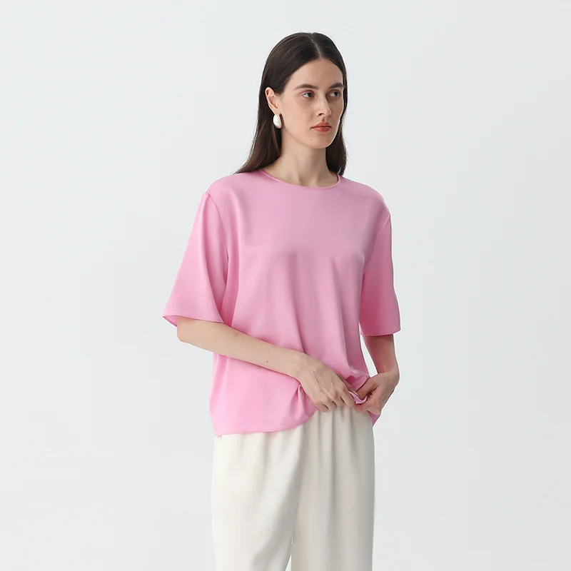 2026 New 100% Mulberry Silk T-Shirt Women Crew Neck Short Sleeve Casual Blouse Pink Office Top Casual Style