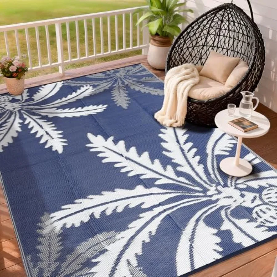 

Waterproof Outdoor Rug 8x10 for Patio, Reversible Plastic Straw Mat in Blue White, UV-Resistant Lightweight for Camping, RV, Po