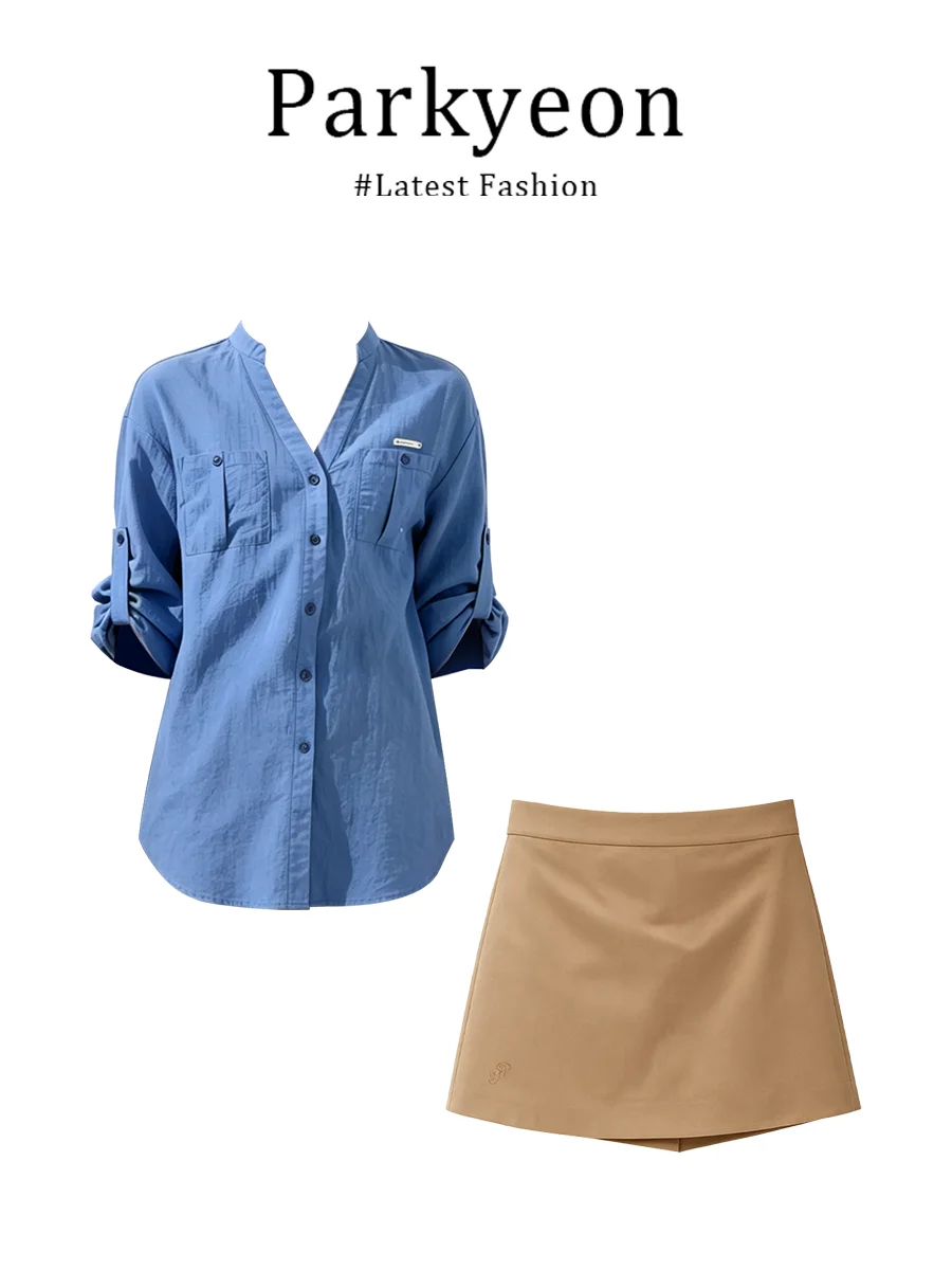 

Fashionable Klein Blue Shirt And Midi Skirt Two-Piece Set Women's Clothing Casual Style Wet Dry Quick Summer Season Outfit
