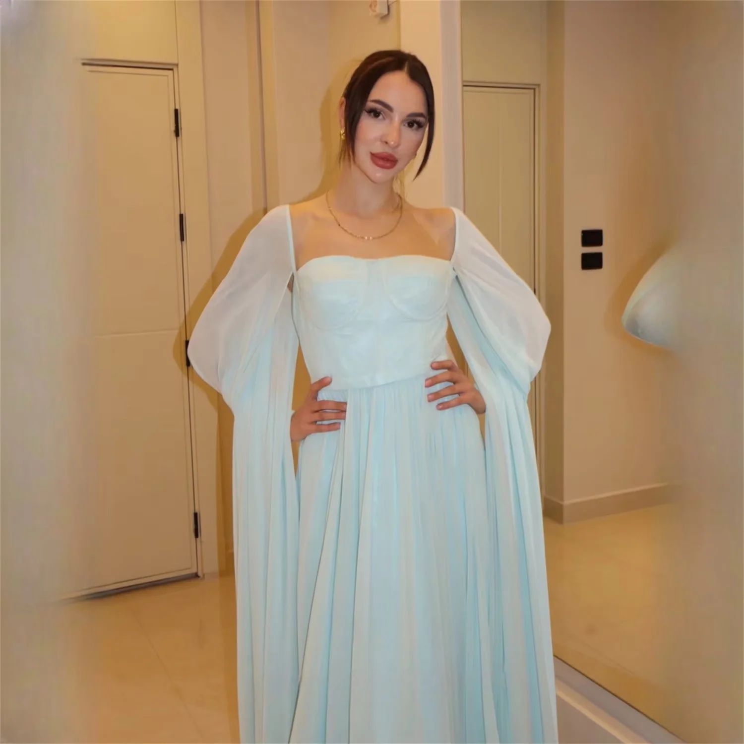 

Sky Blue Chiffon Long Bespoke Occasion Gown Evening Dresses Prom Pastrol Unisex Jersey Retro Dubai Saudi Arabic Customized
