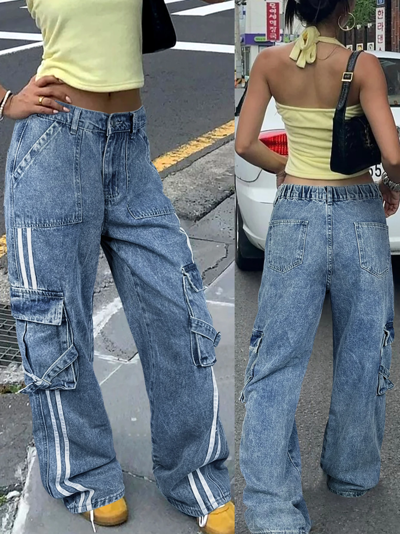 Clamshell pocket overalls, baggy version of inelastic striped side pocket loops with Y2K and Kpop style straight leg jeans