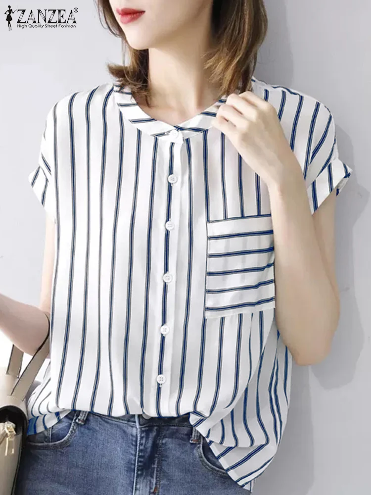 

ZANZEA Casual Short Sleeve Shirt Women Stripe Office Blouse 2024 Summer Buttons Pocket Tops Korean Fashion Female Oversize Tunic