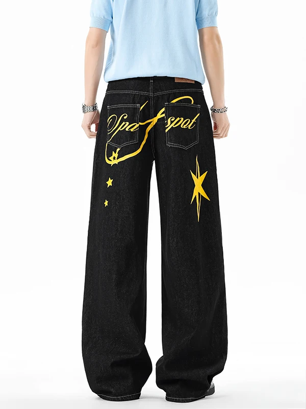 Calças Jeans Americanas Retrô Estampadas Masculinas e Femininas, Soltas, Casuais, de Perna Larga, Modernas, Estilo High Stree...