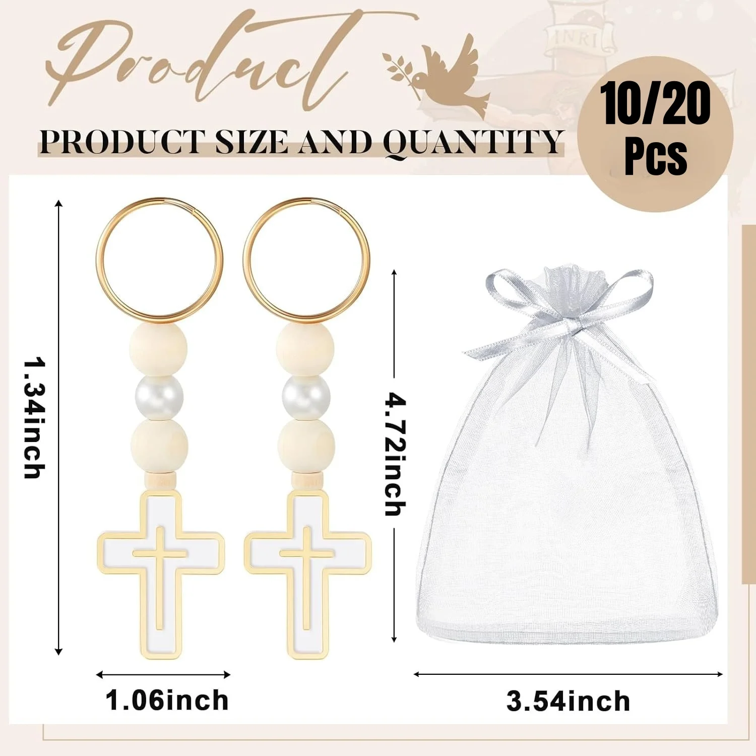 10/20Pcs First Holy Communion Favors Rosary Beads with Cross Crucifix Keychain with White Organza Bag Baptism Favors view 3