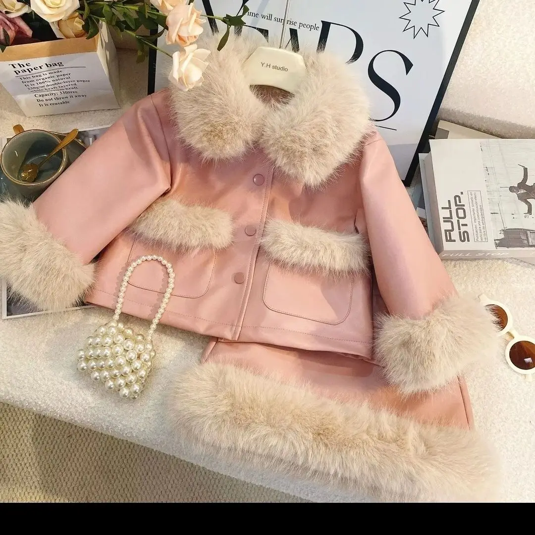 

Winter Sets Kids Clothes Princess 2Pcs Suit Fashion Baby Girls Sweet Warm Pink Artificial fur collar Jacket Coat+Short Skirt