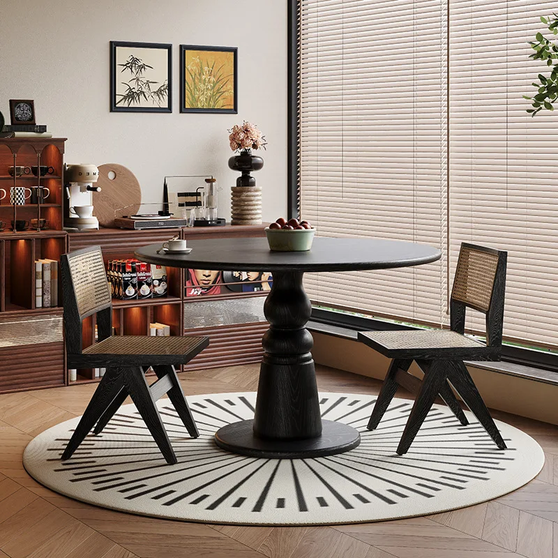Ash Wood Round Rock Slab Dining Table Simple Small Apartment Pure Black Round Table Retro Lastu Home Restaurant Dining Table