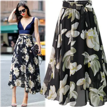 Skirts women 2026 floral print casual elastic waist chiffon mid-length skirt large swing women's clothing