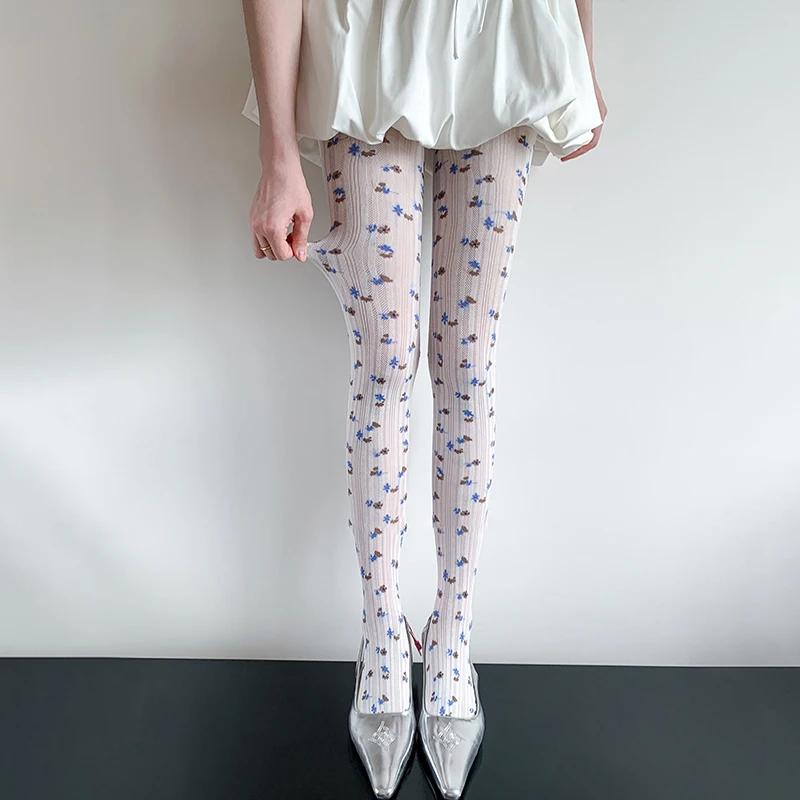 Women Floral Print Pantyhose Retro Vertical Ribbed Texture Tights, Elegant Full Length Hosiery for Dress Outfit Matching