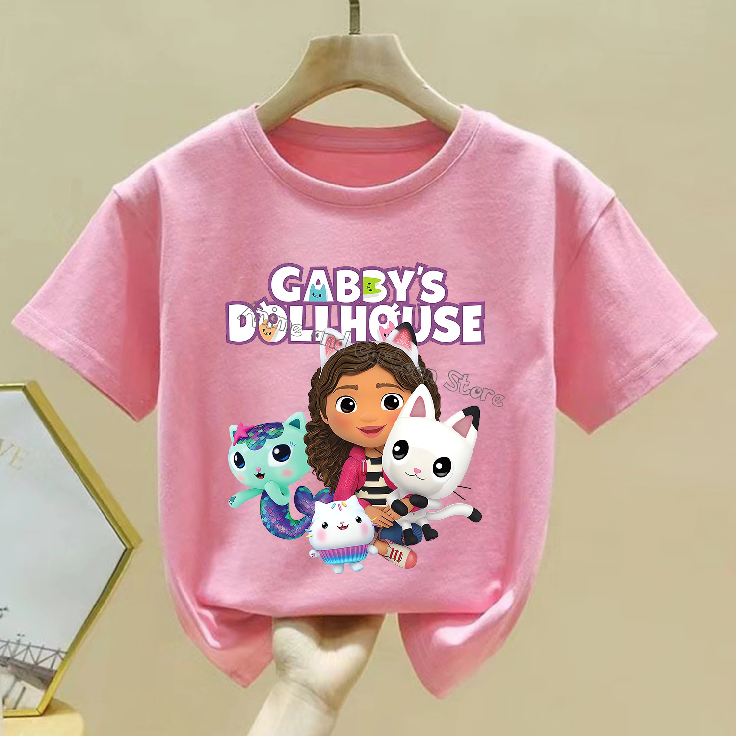 Gabby Dollhouse New T-shirt Children Cute Cartoon Summer Clothes Fashion Girl Pink Short Sleeve Anime Loose Clothing Kid Tee Top