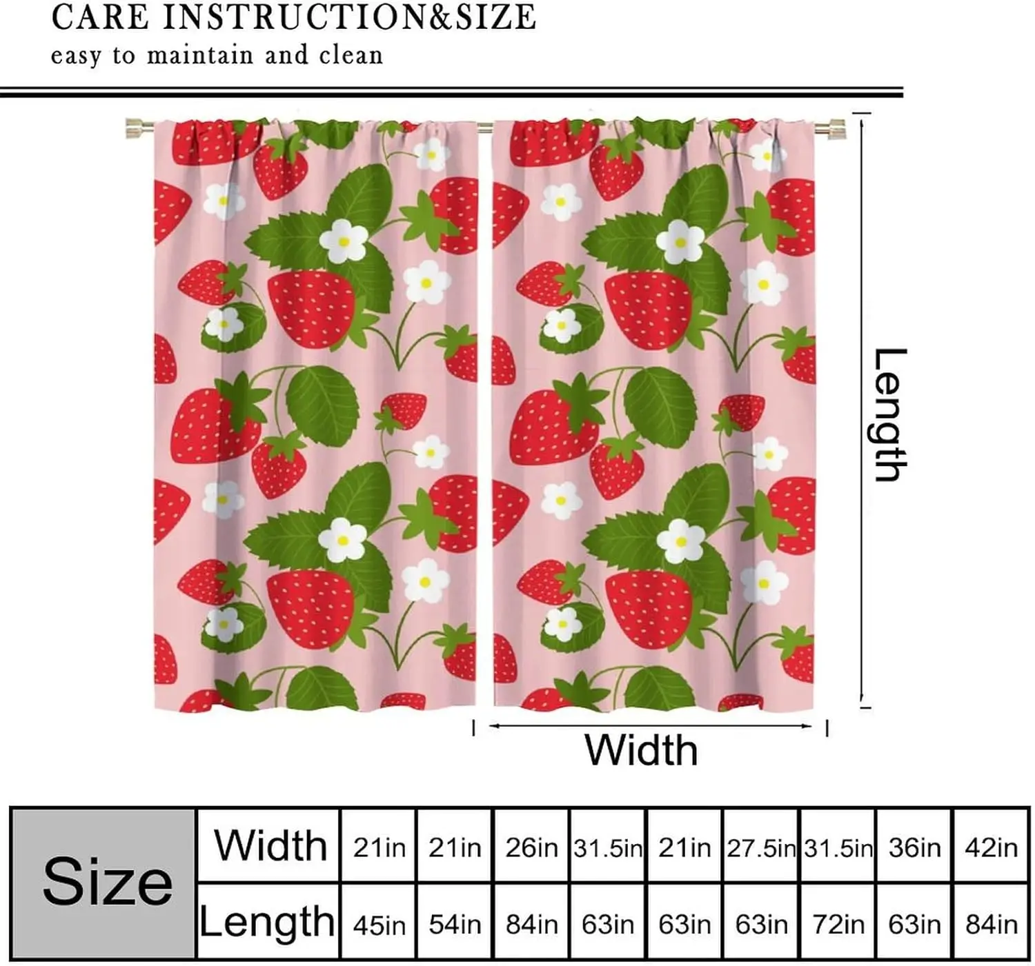 Fruit Window Curtains,Pink Cute Strawberry Green Leaves Flower Retro Art Print Window Drapes for Kids Girls Bedroom Living Room