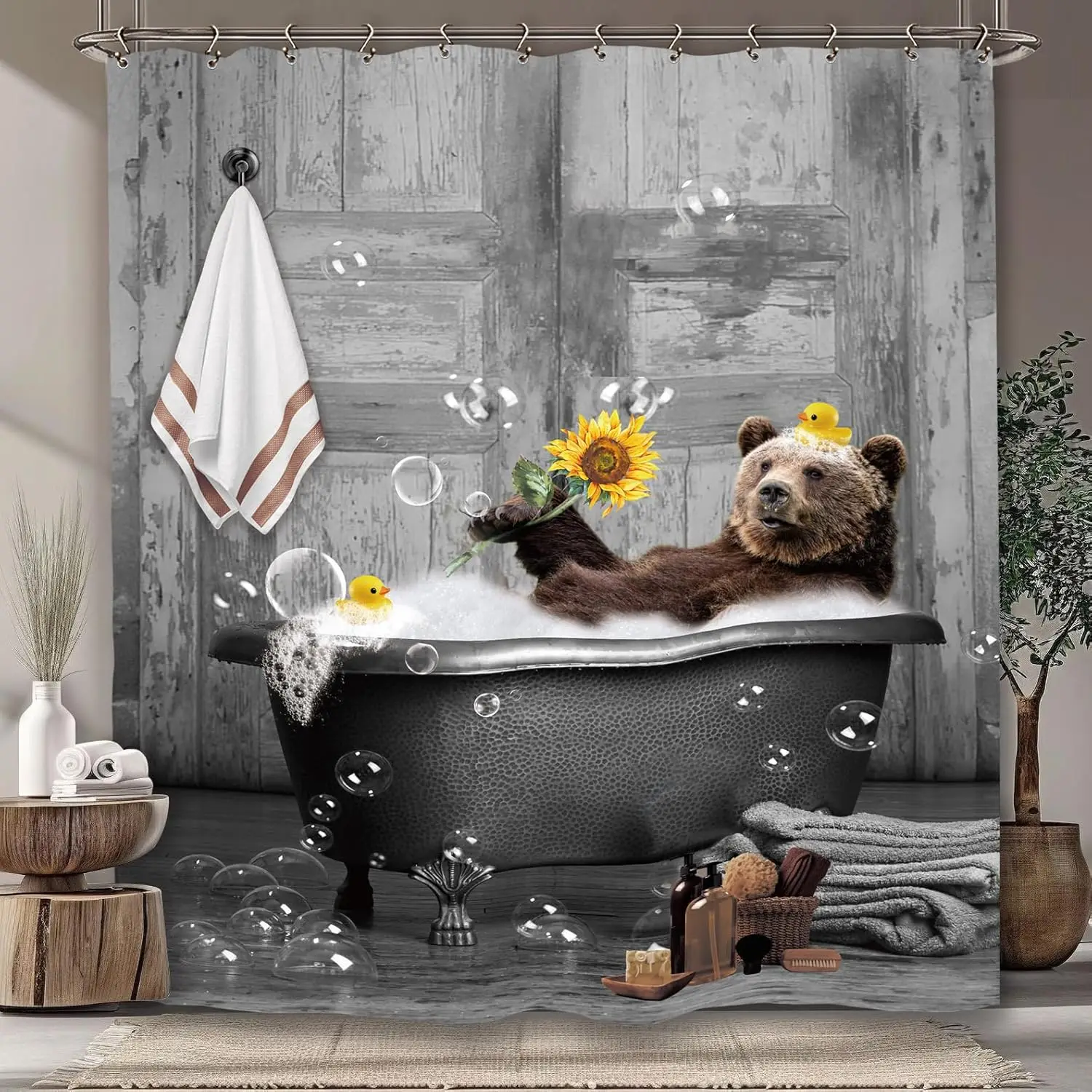 

Bear Funny Bathroom Shower Curtain Farmhouse Wood Wooden Vintage Rustic Farmhouse Cabin Animal Polyester Fabric 12 Plastic