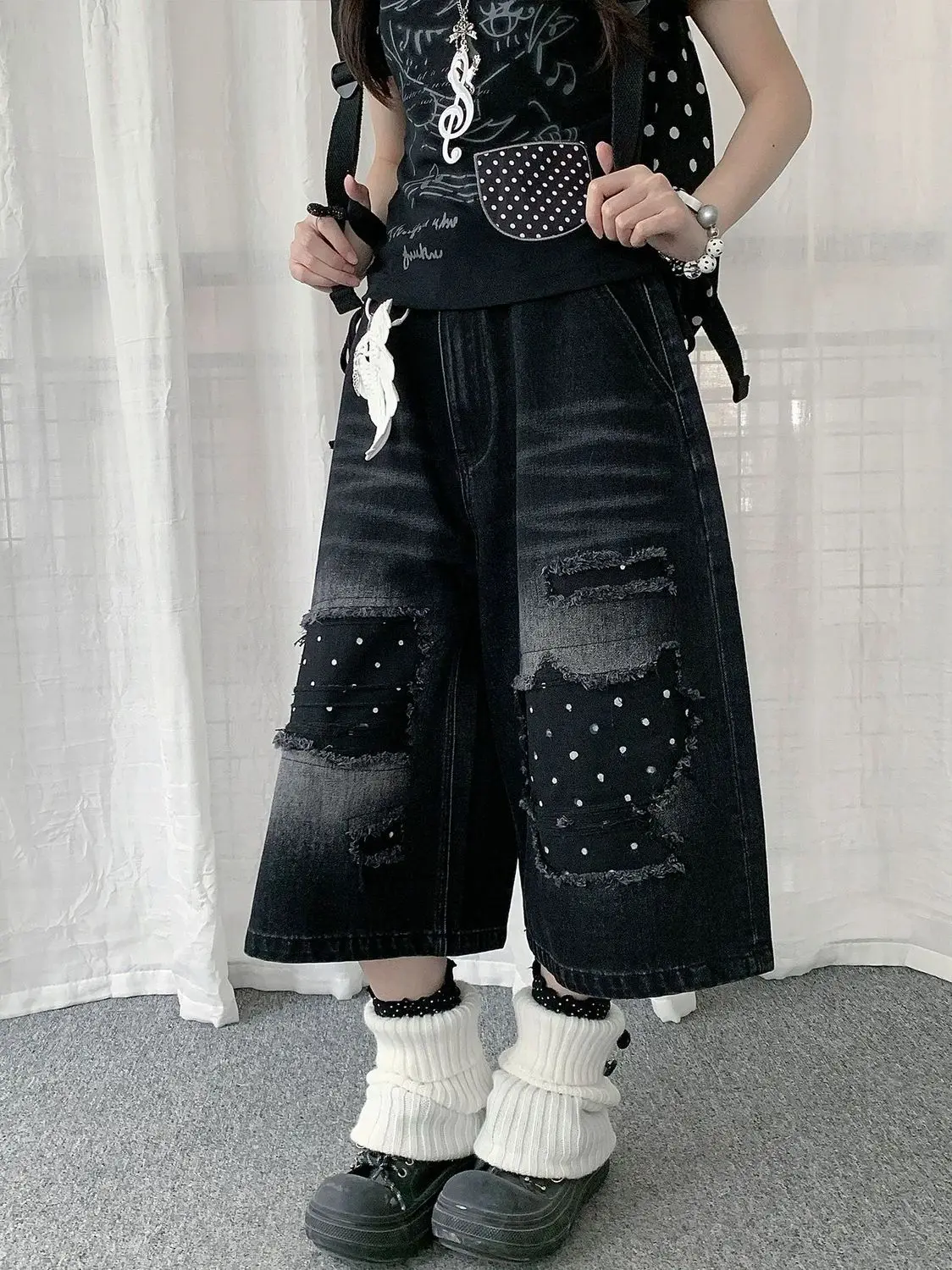American-style retro polka dot denim capri pants for women streetwear straight-leg loose-fitting slimming wide-leg trousers Y2K