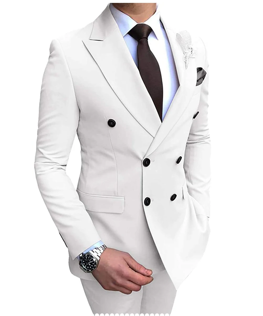 2022 New Beige Men\'s Suit 2 Pieces Double-Breasted Notch Lapel Flat Slim Fit Casual Tuxedos For Wedding(Blazer+Pants)