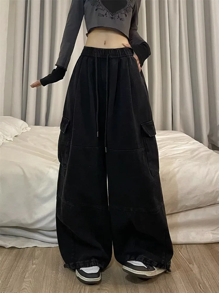 2023 Korean Y2K Fashion Drawstring Casual Baggy Cargo Jeans Pants Women Clothing Straight Wide Leg Sweatpants Female Trousers