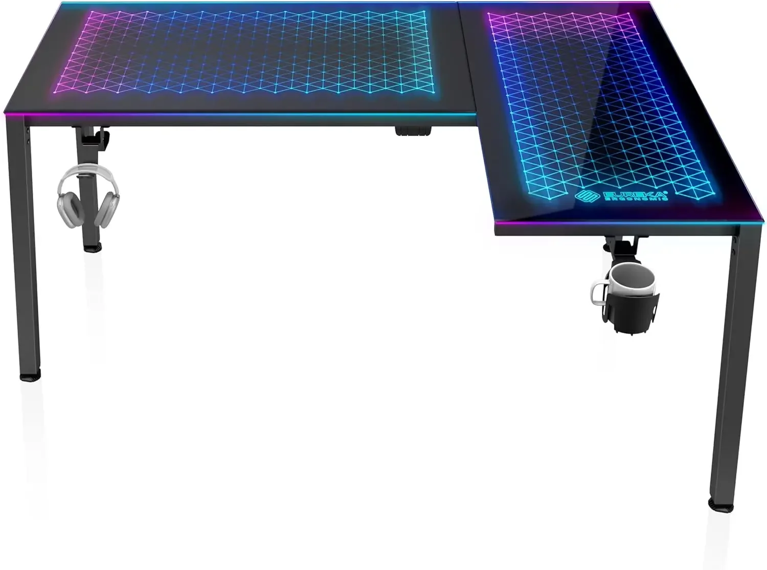 EUREKA ERGONOMIC RGB LED Lights 60 Inch L Shaped Reversible Black Glass Gaming Desk Home Office Computer Table