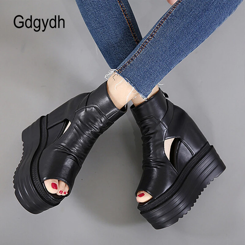 

Gdgydh Spring and Summer Open Toe Ankle Boots for Women with Heel Hollow Out Black Wedge Boots Height Increased Korean Japanese