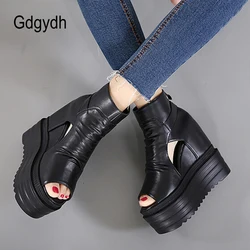 Gdgydh Spring and Summer Open Toe Ankle Boots for Women with Heel Hollow Out Black Wedge Boots Height Increased Korean Japanese