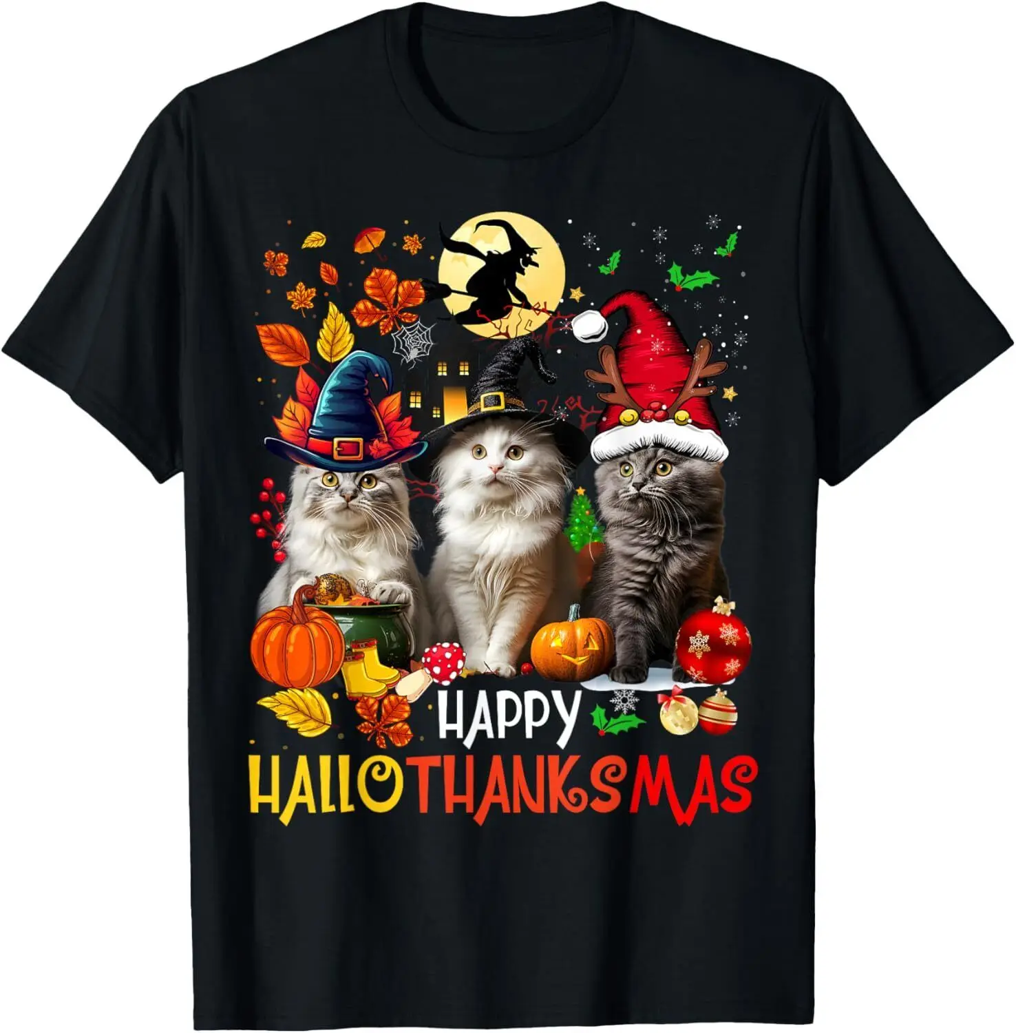 Halloween Thanksgiving Christmas Happy HalloThanksMas Cats T-Shirt S-3XL