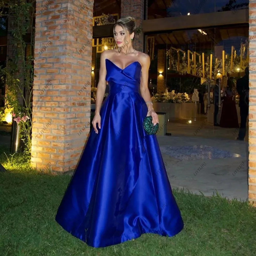 Shinning Royal Blue Sweetheart Formal Evening Dresses Sexy Zipper Back Satin A Line Night Clubing Evens Women Gala Prom Gowns