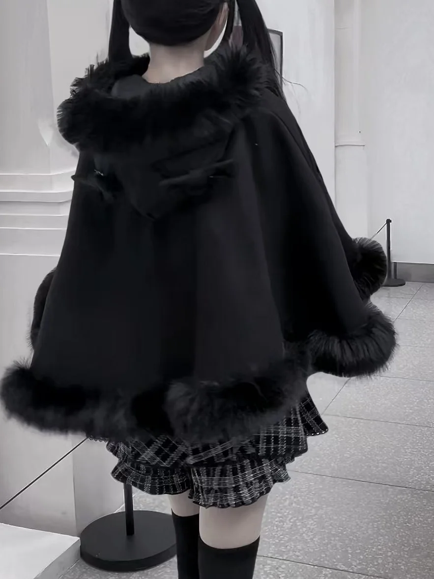 اليابانية الحلو Kawaii فتاة سميكة الدافئة تنوعا لوليتا معطف الرأس الأبيض مقنعين أفخم كيب عباءة للنساء الشتاء سترات قصيرة #4